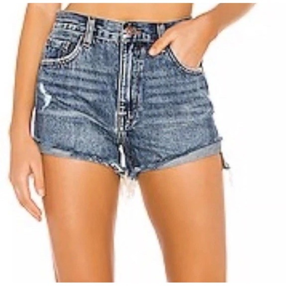 Pistola Nova Cut Off Jean Shorts Sz 32 Blue Denim High Rise 3" Inseam Grunge